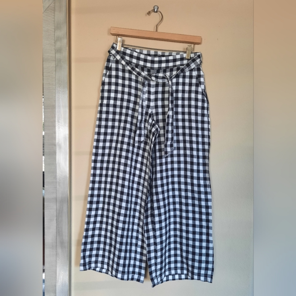 Loft XS Gingham Black & White Checkered Wide-Leg Pants Sophisticated Chic